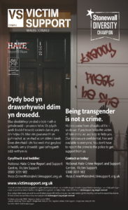 Poster cymorth dioddefwyr gyda graffiti rhad ac am ddim ar y wal