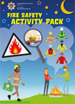 Fire safety activity pack cover with different uniforms and people around a campfire