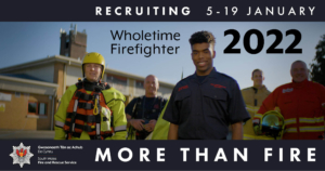 5 firefighters in different uniforms stand together on an advert that says wholetime firefighter recruitment 5-19 January